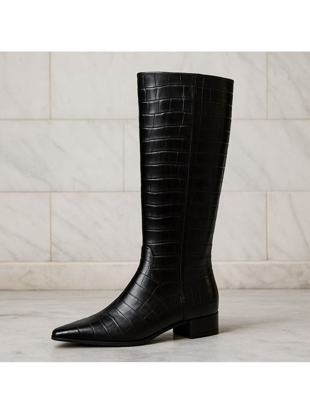 NWT, NWOB $210 Gianni Bini Black Croc-Embossed Leather Knee-High Boots - Picture 2 of 9